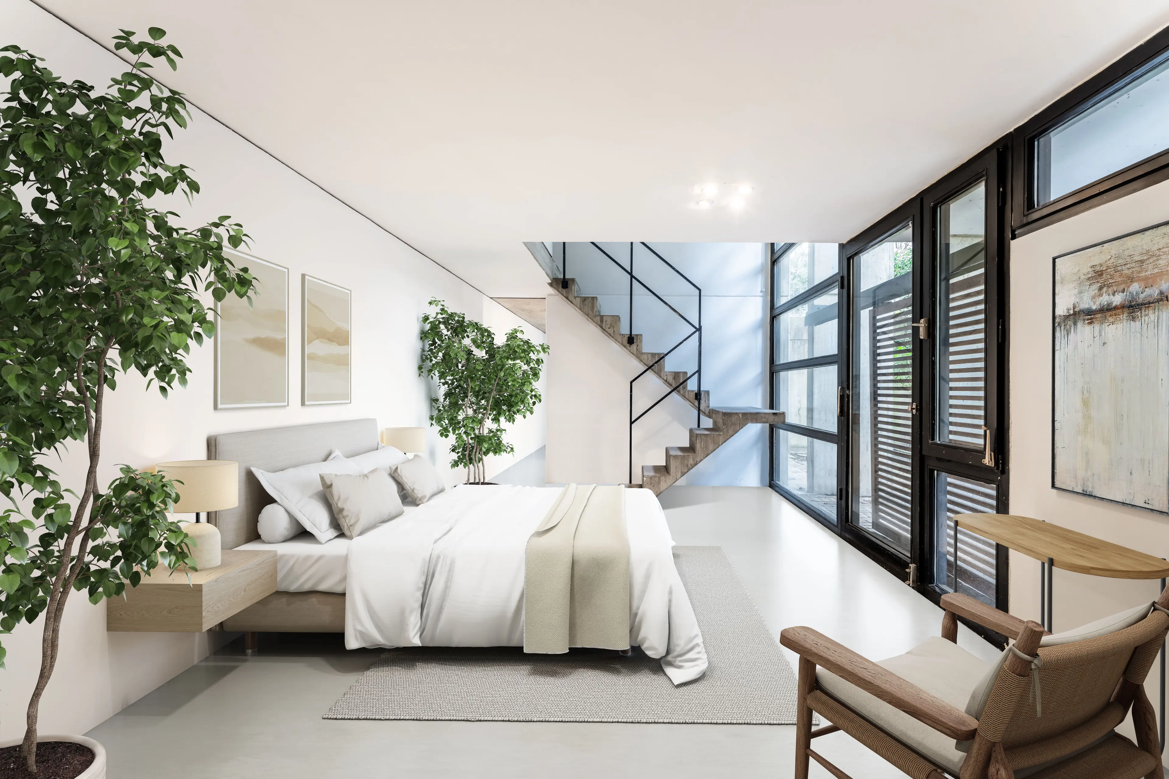 Modern bedroom with a large bed, bedside tables, framed artwork on the walls, indoor plants, a wooden staircase, and large windows providing ample natural light.
