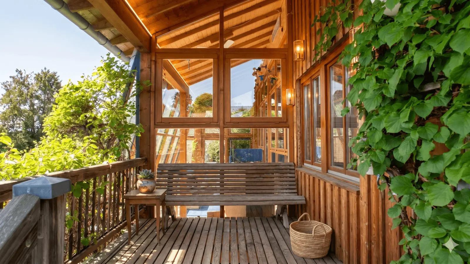 A wooden veranda with a bench, a small table with a potted plant, a basket and wall-mounted lamps, surrounded by green plants on a sunny day.