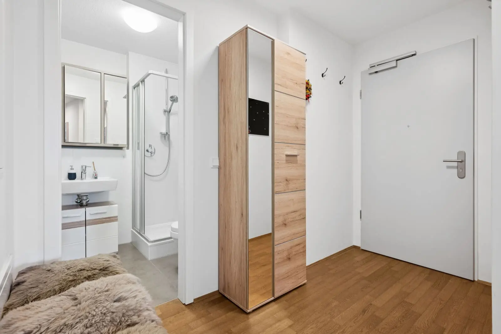 A modern entryway with a wooden wardrobe, a white door, hooks on the wall, and a view into a bathroom with a shower and sink.