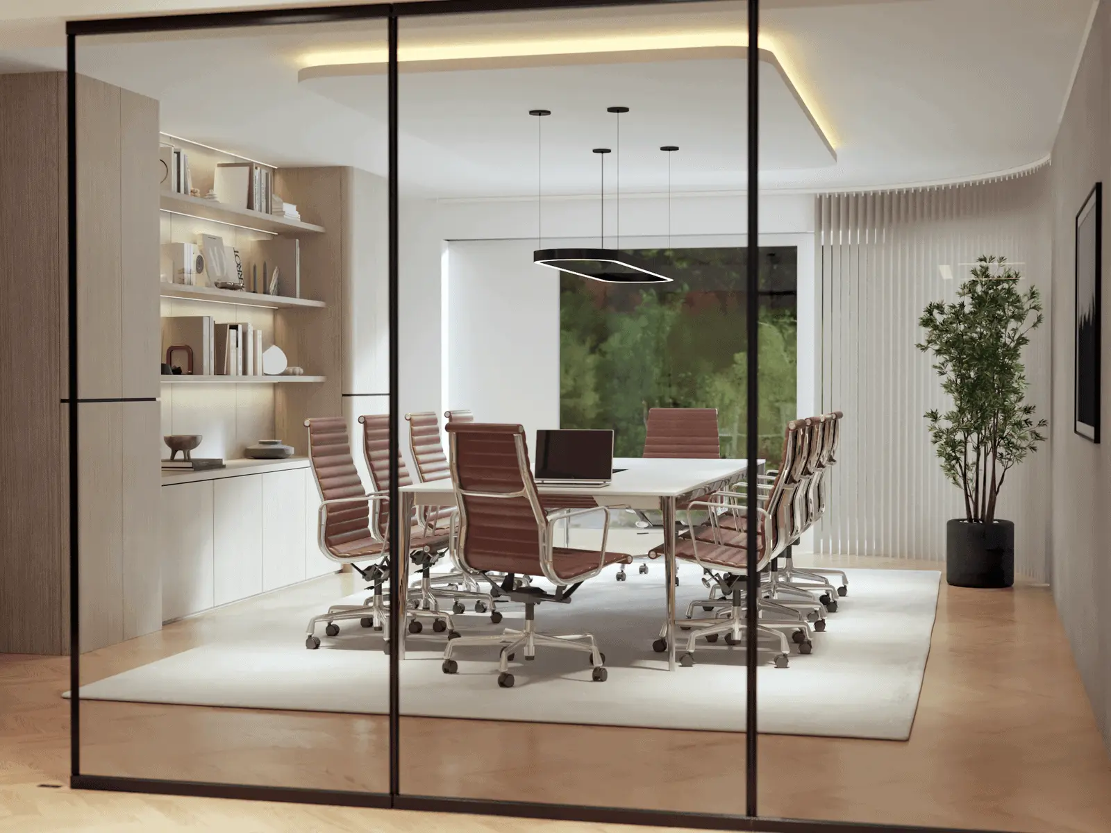 Modern conference room with a long table, ten office chairs, built-in shelves with books and decor, large window, potted plant, and a ceiling light fixture.