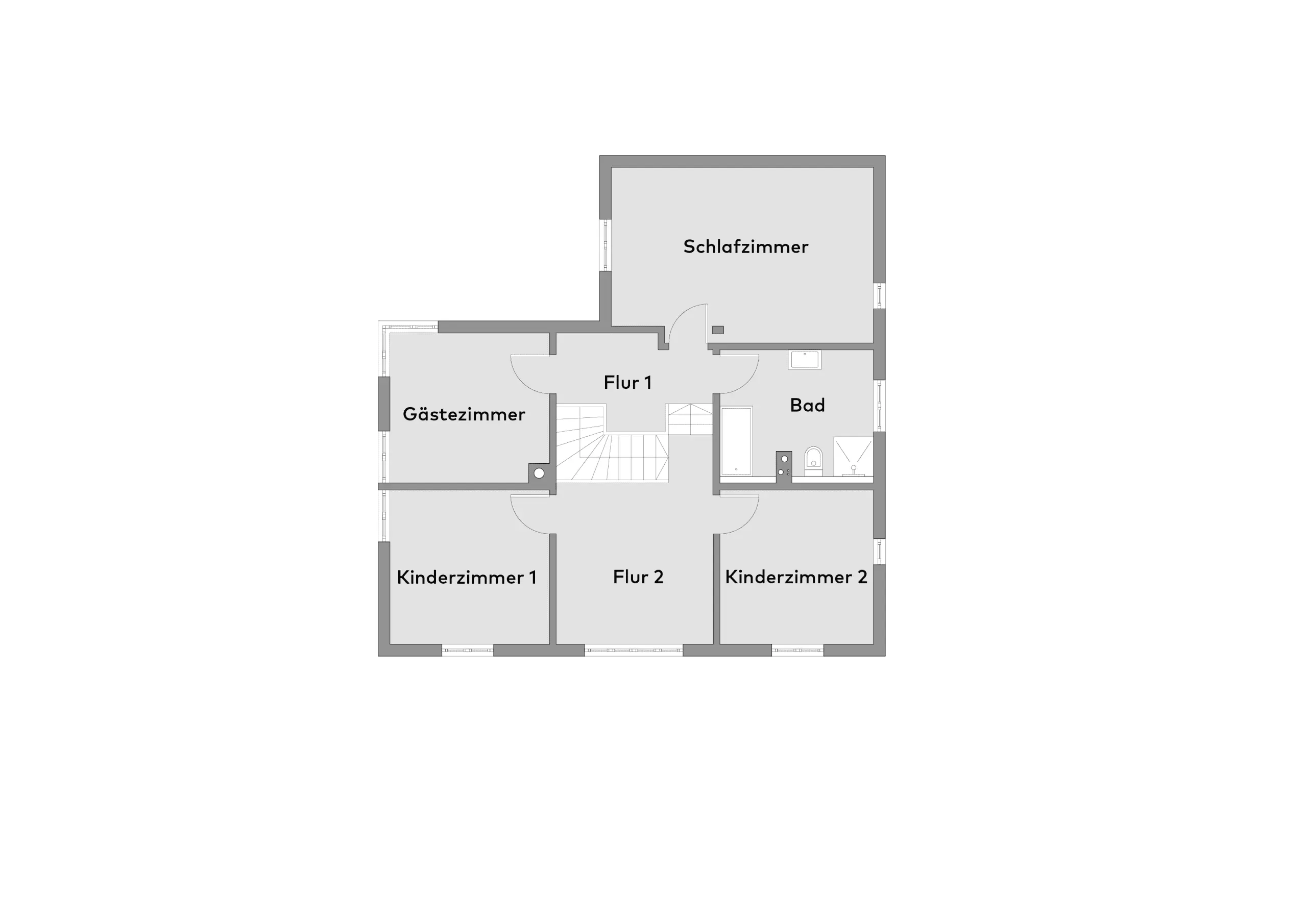 Floor plan with a bedroom, guest room, bathroom, two children’s rooms and two hallways labelled hallway 1 and hallway 2.