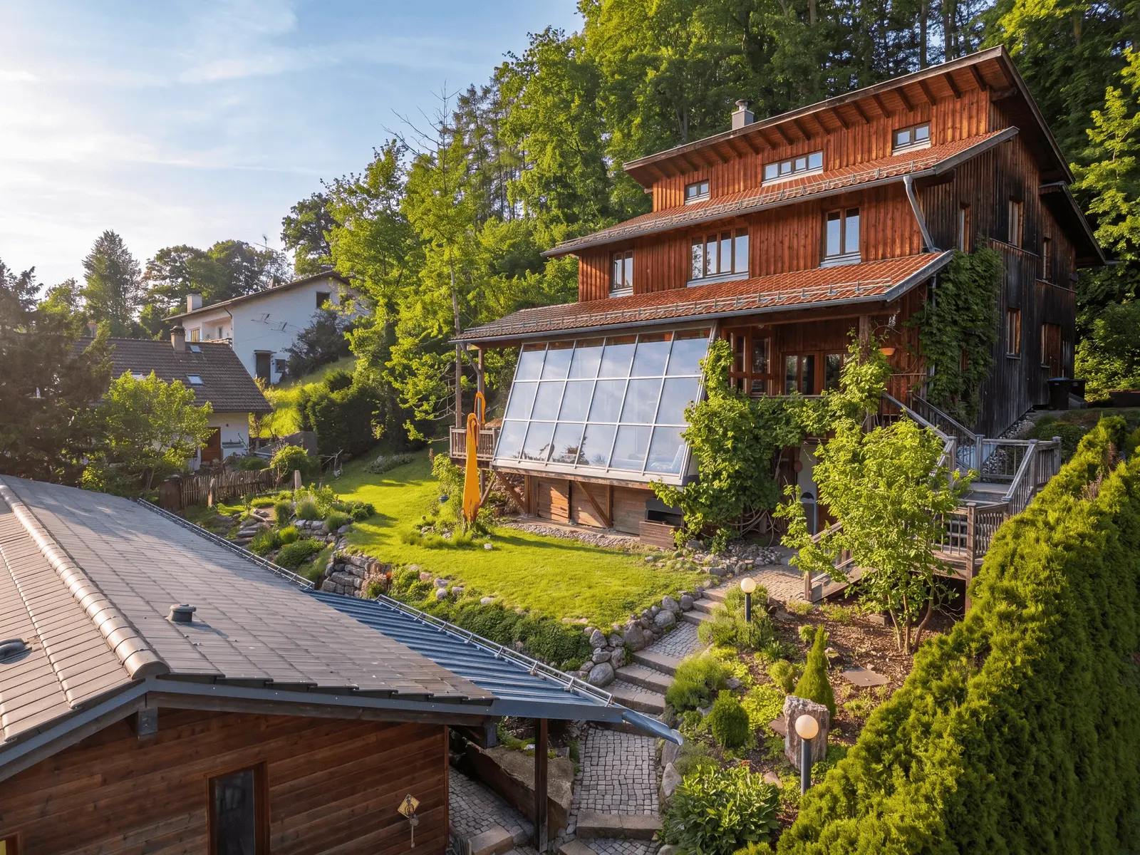A large timber house with a sloping glass façade, surrounded by greenery and trees, stands on a green hillside next to an outbuilding and paved paths.