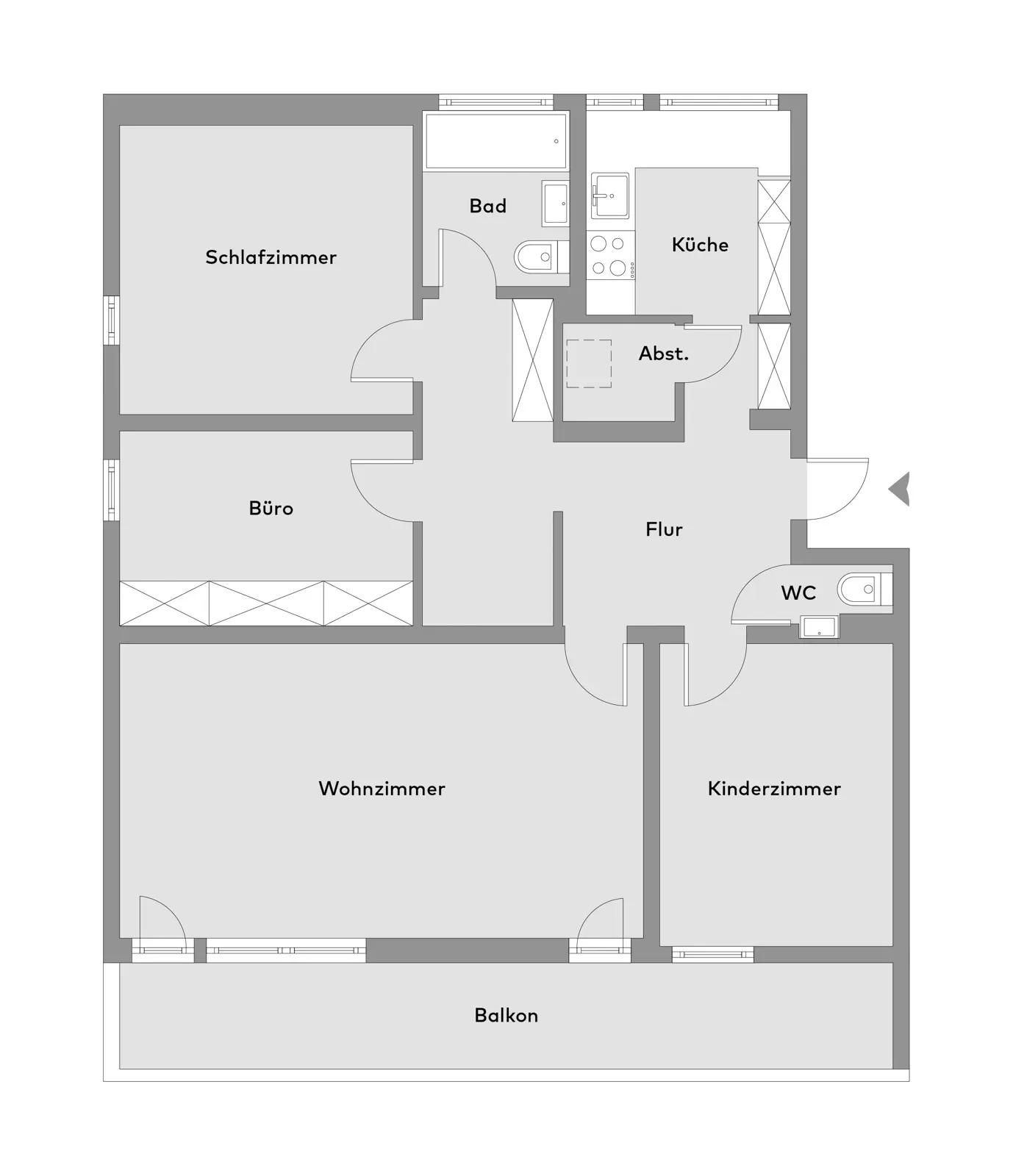 Black-and-white floor plan of a flat with rooms labelled in German: bedroom, study, living room, balcony, bathroom, kitchen, storage room, hallway, toilet and children’s room.