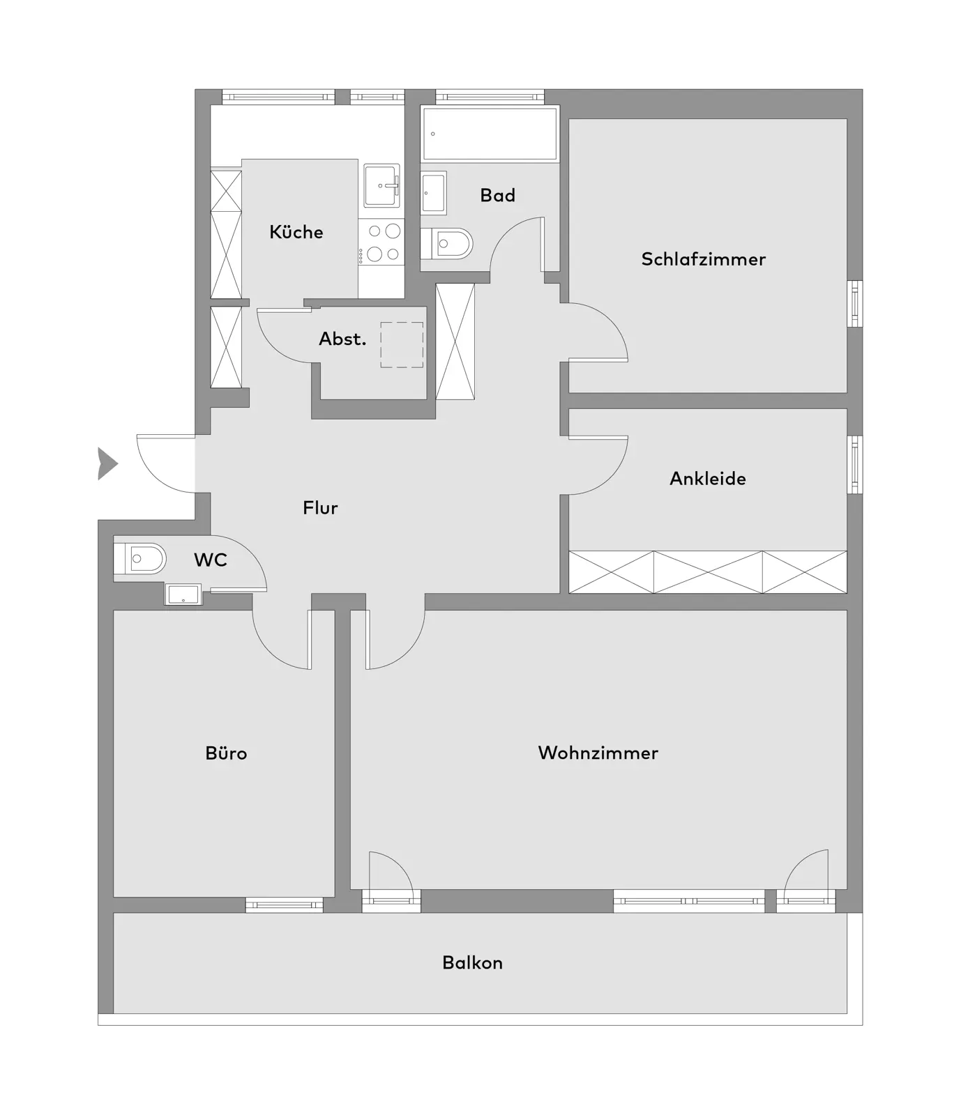 Black-and-white floor plan of a flat with labelled rooms: kitchen, bathroom, bedroom, storage room, hallway, toilet, study, dressing room, living room and balcony.