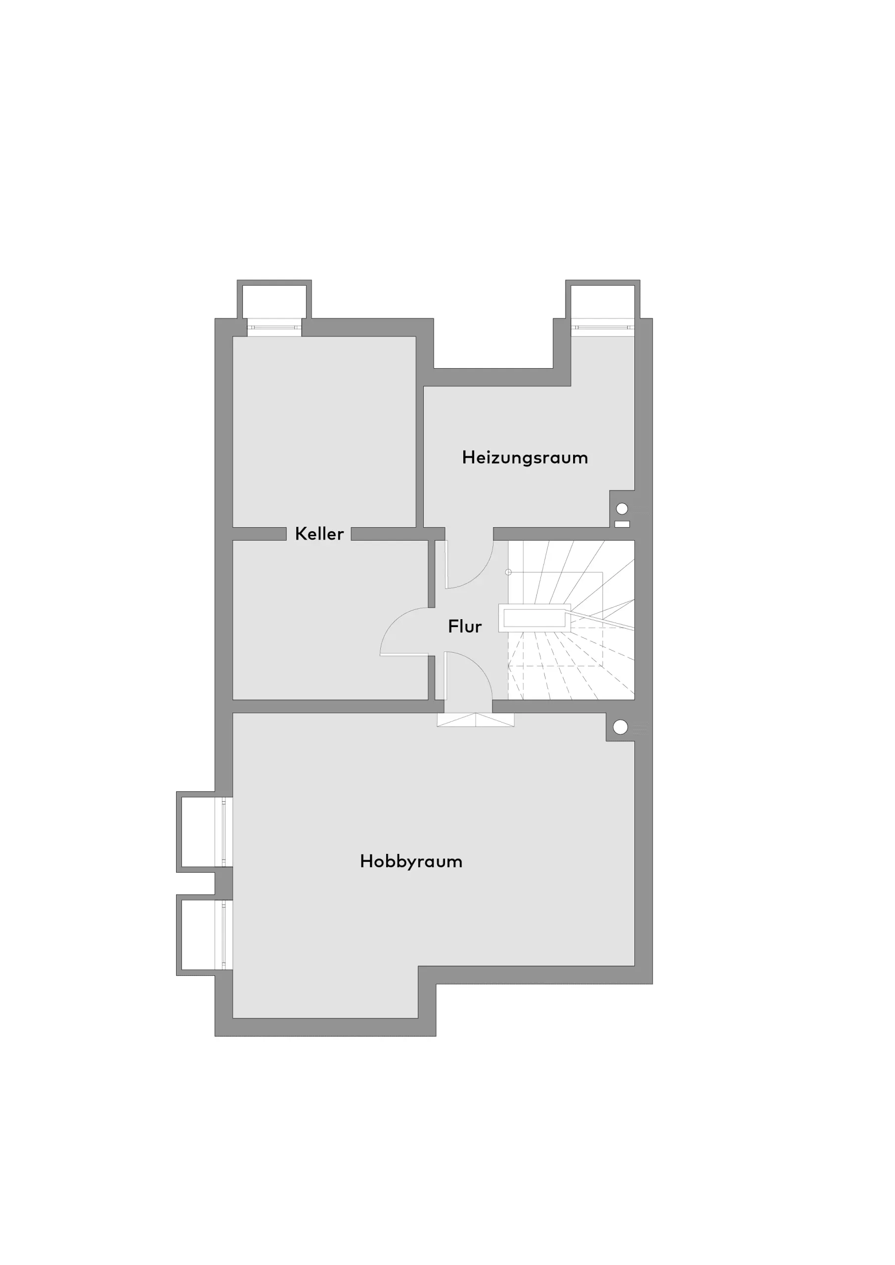 Grundriss mit drei beschrifteten Räumen: "Keller", "Heizungsraum" und "Hobbyraum", verbunden durch einen Flur und eine Treppe.