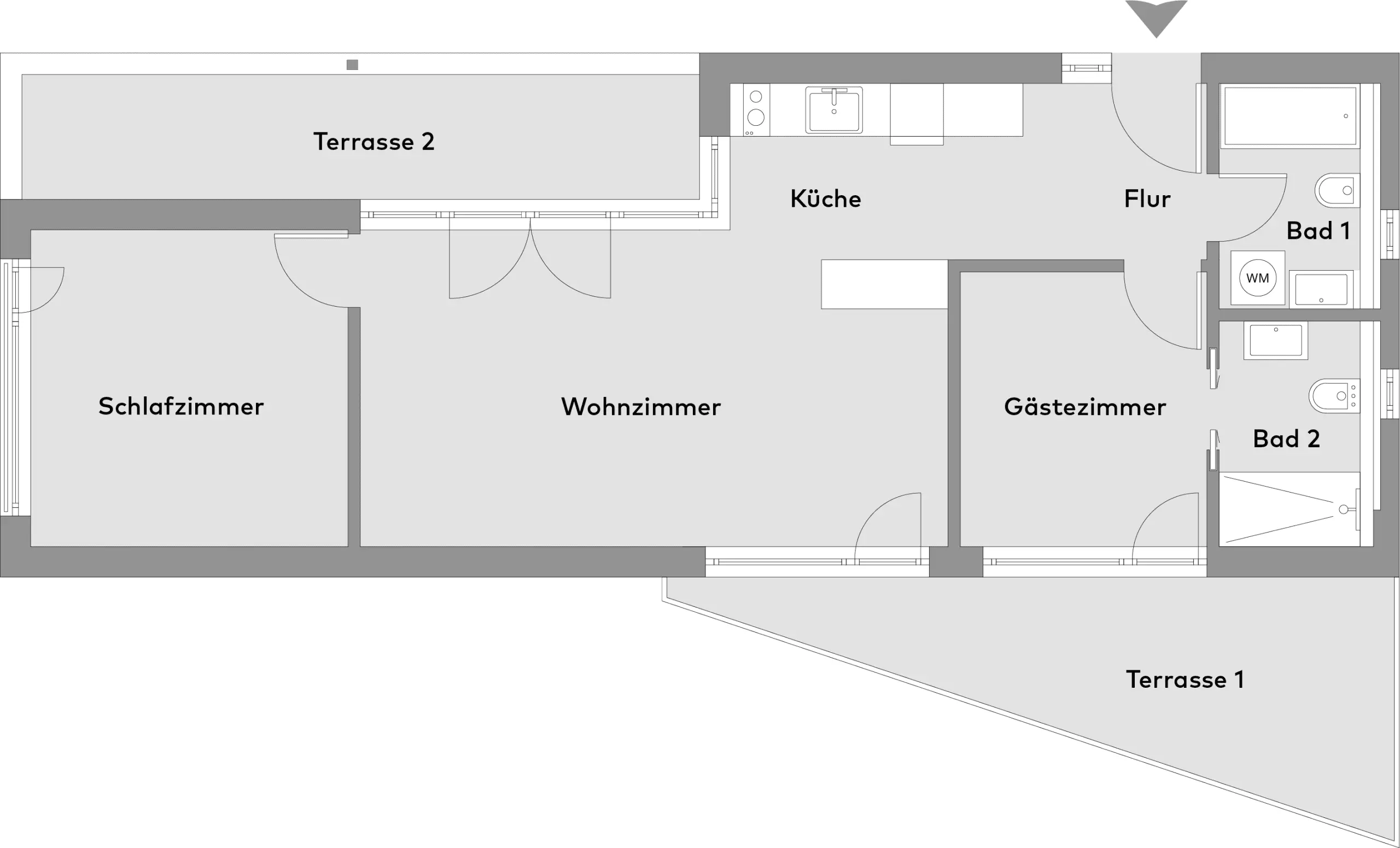 Floor plan of a home with a living room, kitchen, two bathrooms, bedroom, guest room, hallway and two terraces labelled Terrace 1 and Terrace 2.