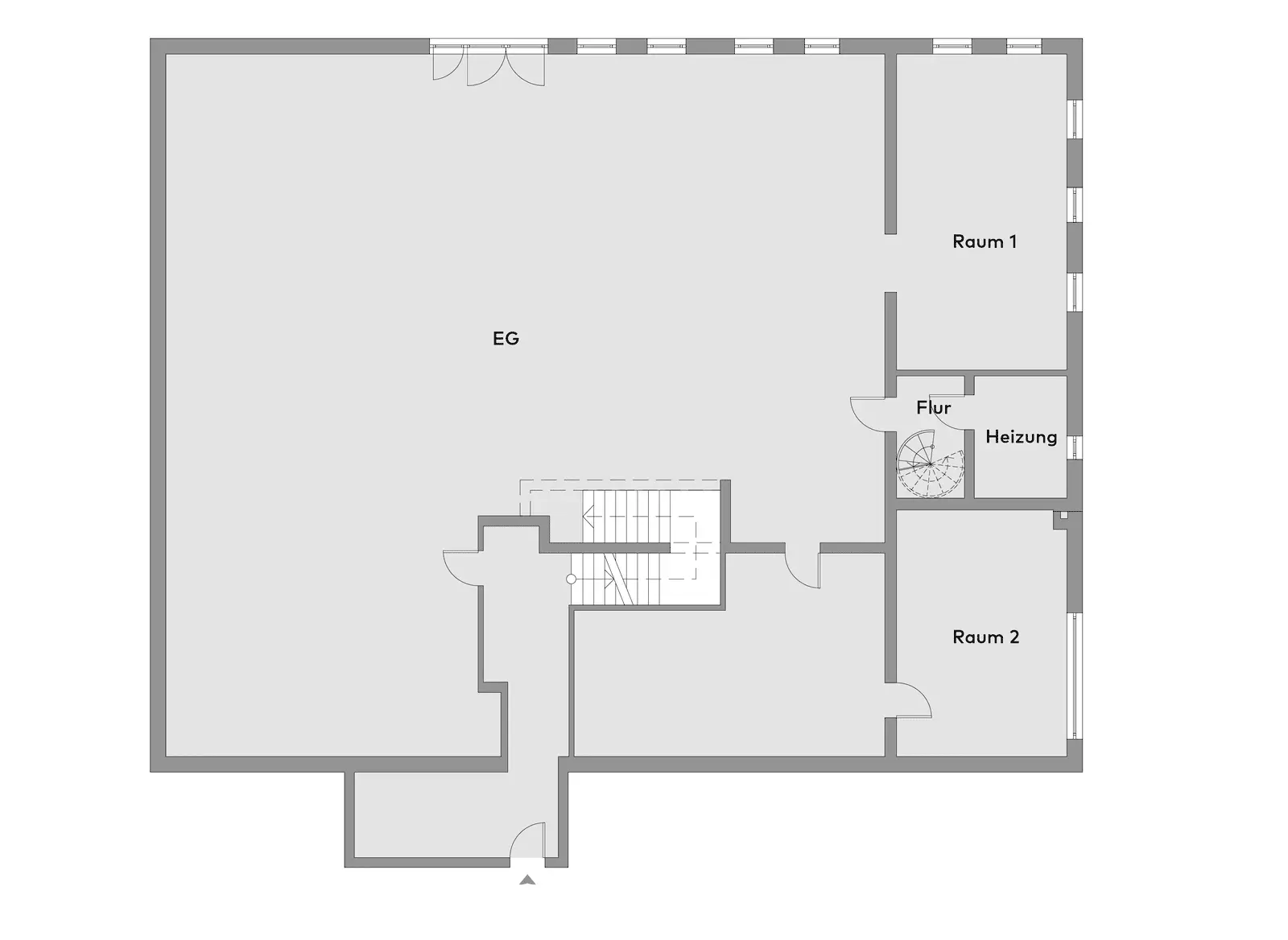 A floor plan labelled EG (ground floor) shows a large main area, two rooms labelled Raum 1 and Raum 2, a hallway, a boiler room, a staircase and external doors.