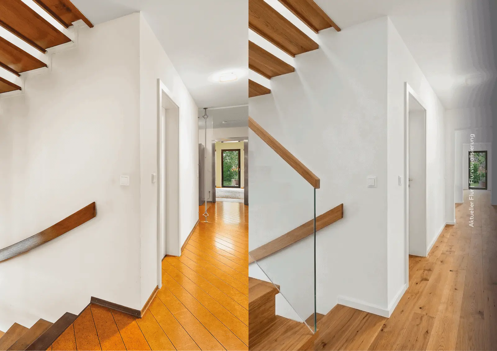 Split image showing a hallway and staircase before and after renovation; left side with orange flooring and wood banister, right side with lighter wood and glass railing.