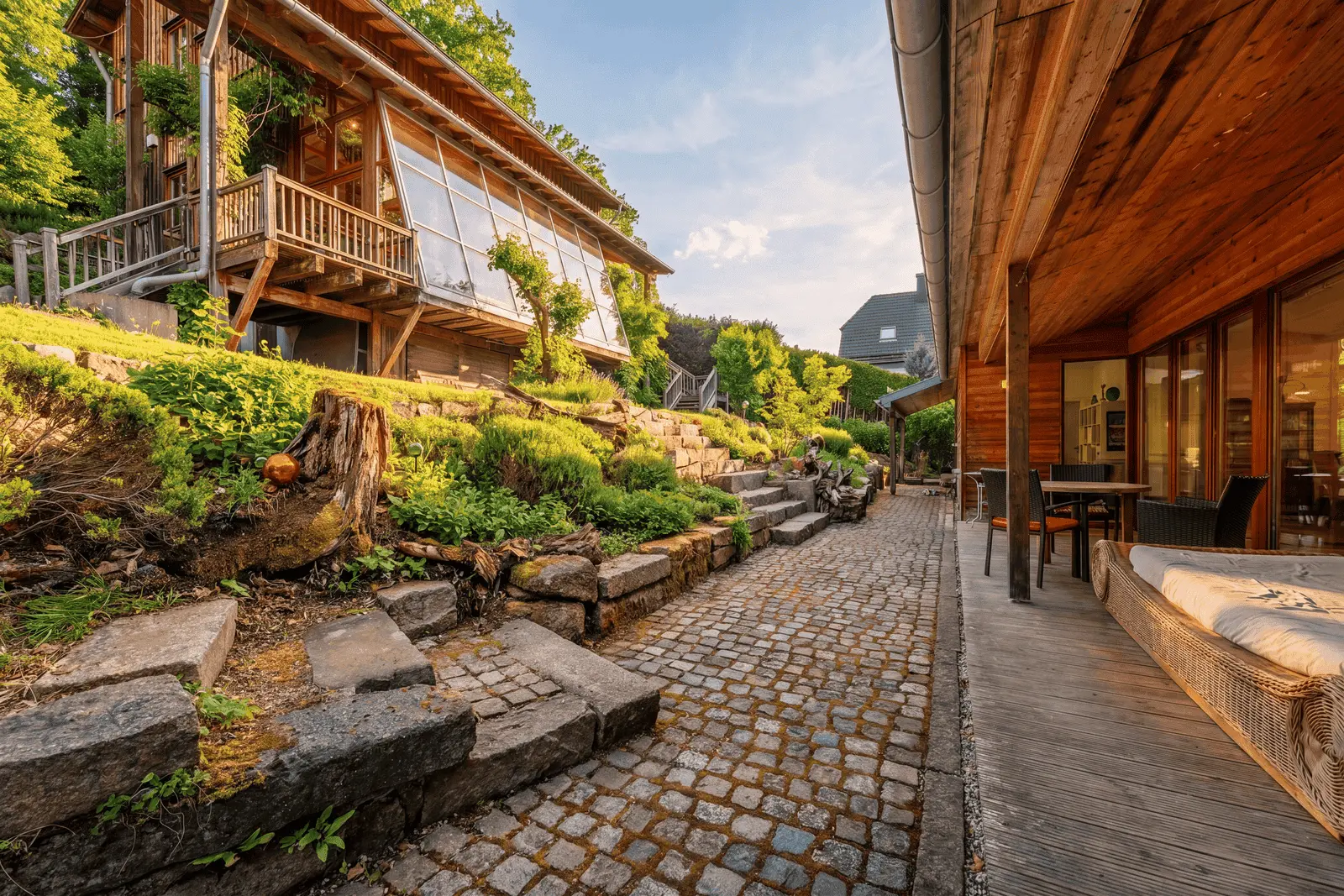 A cobbled path runs between two timber houses surrounded by green spaces, stone steps and gardens under a clear sky.