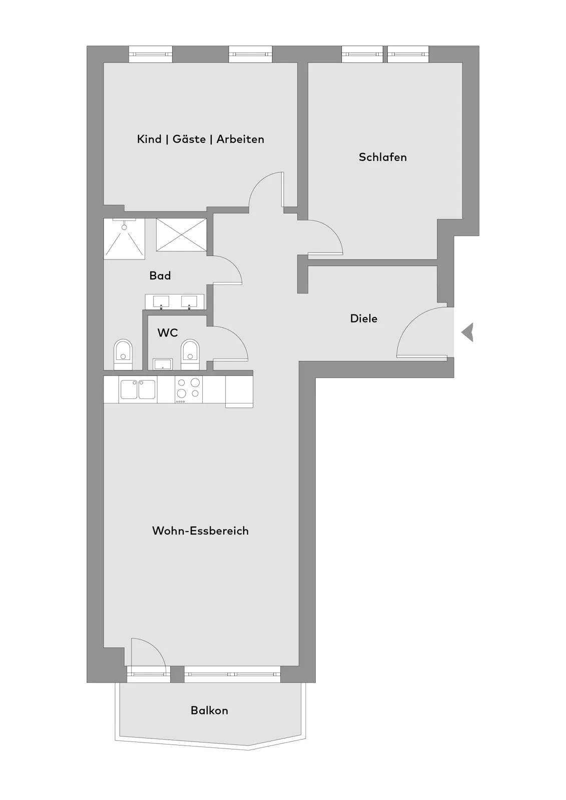 Grundriss einer Wohnung mit zwei Schlafzimmern, einem Badezimmer, einem separaten WC, einem Wohn-Essbereich, einer Küche, einem Flur und einem Balkon. Die Raumbeschriftungen sind auf Deutsch.