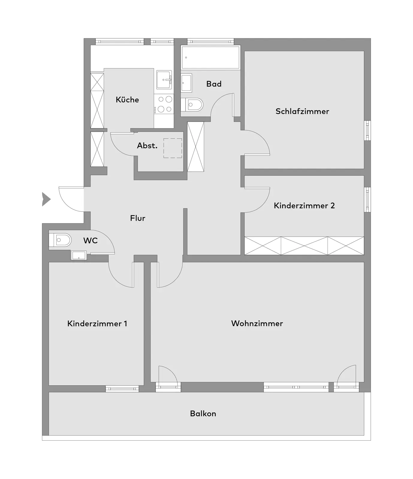 Black-and-white floor plan of a flat with labelled rooms: kitchen, bathroom, bedroom, children’s rooms 1 and 2, living room, toilet, storage room, hallway and balcony.